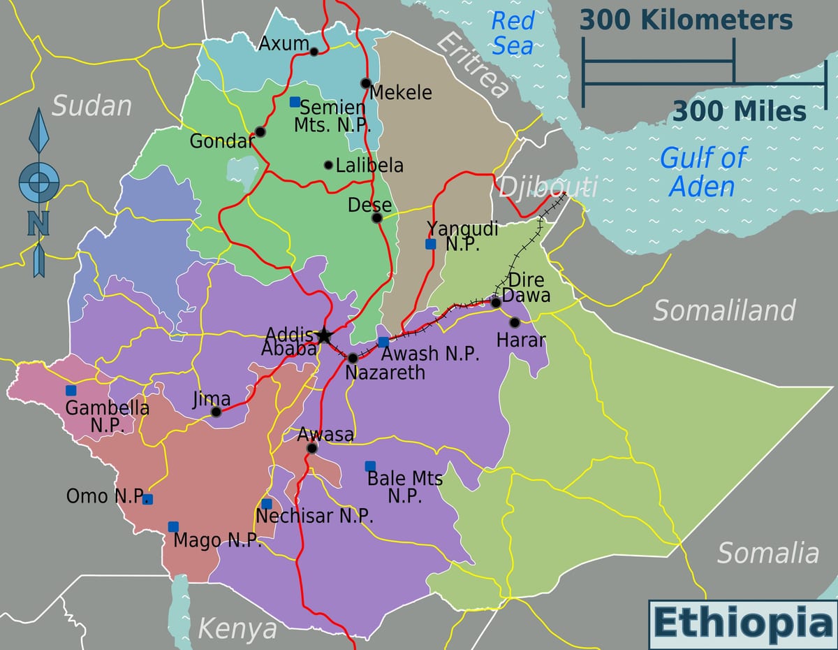 Ethiopia vivutio vya utalii ramani